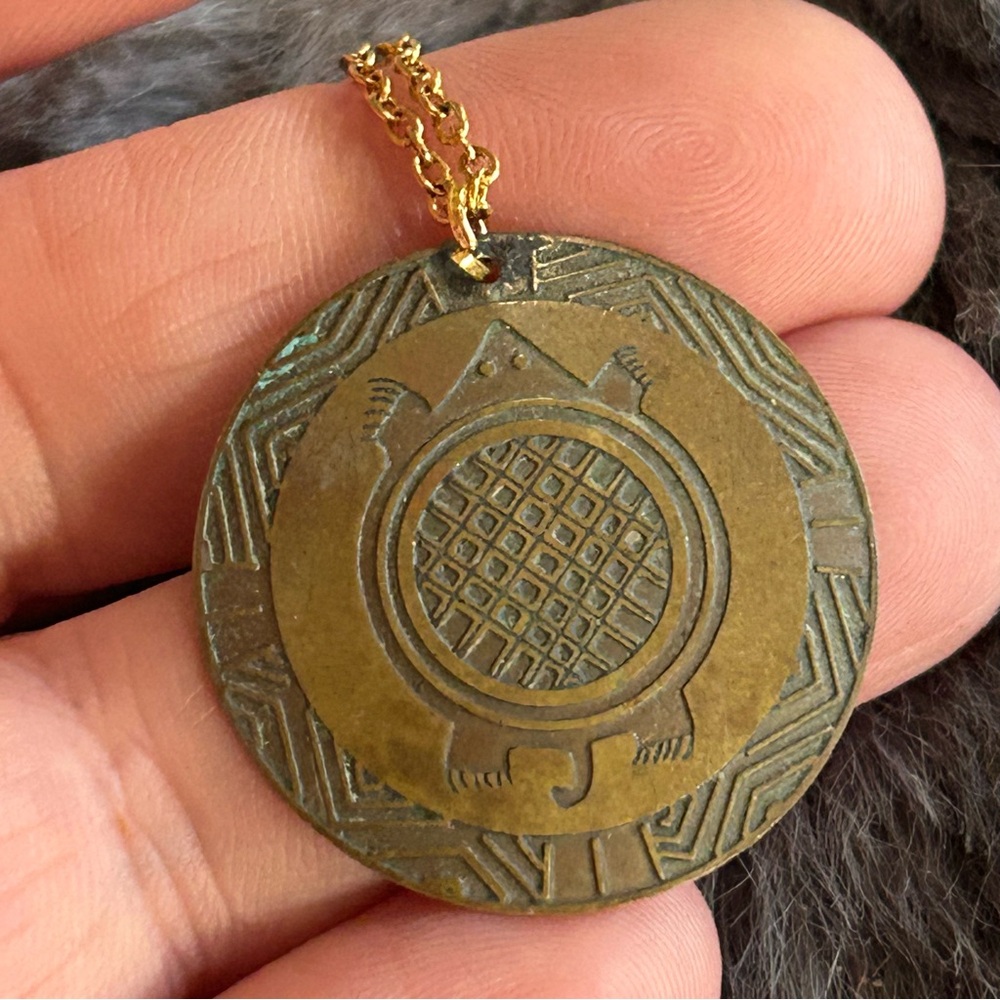Vintage brass Egyptian revival turtle medallion pendant on chain necklace